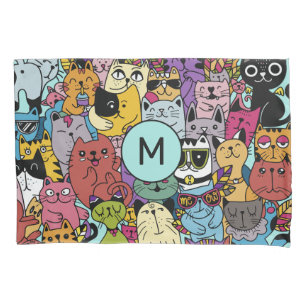 Custom Monogram Funny Cats Illustration Pillowcase