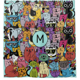 Custom Monogram Funny Cats Illustration Shower Curtain