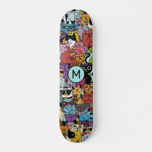 Custom Monogram Funny Cats Illustration Skateboard