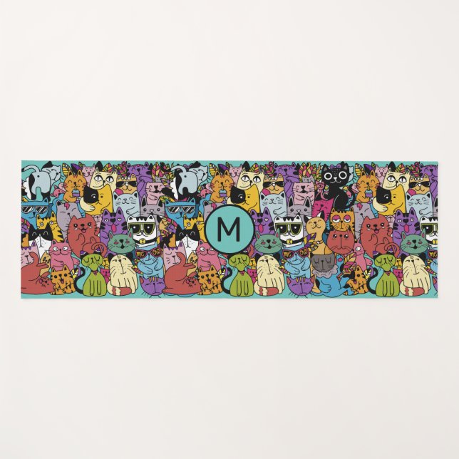 Custom Monogram Funny Cats Illustration Yoga Mat (Front (Horizontal))
