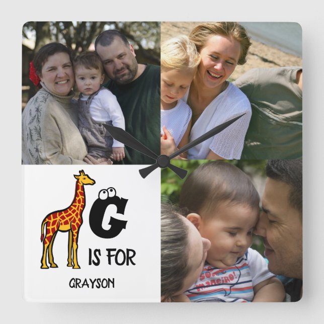 Custom monogram G is for Giraffe cute giraffes Square Wall Clock (Front)