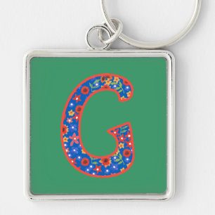 Custom Monogram G Keychain, Ditsy Floral Pattern Key Ring