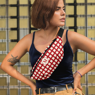 Custom Monogram Gingham Red Pattern Geometric Bum Bags