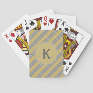 Custom Monogram Gold and Grey Plaid Playing Cards