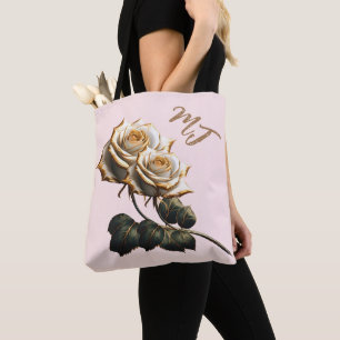 Custom Monogram Gold And White Rose Tote Bag