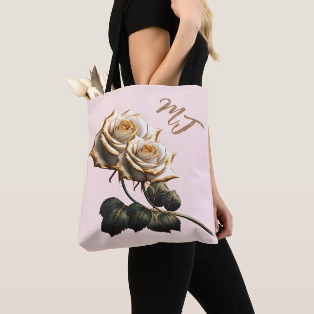 Custom Monogram Gold And White Rose Tote Bag (Close Up)