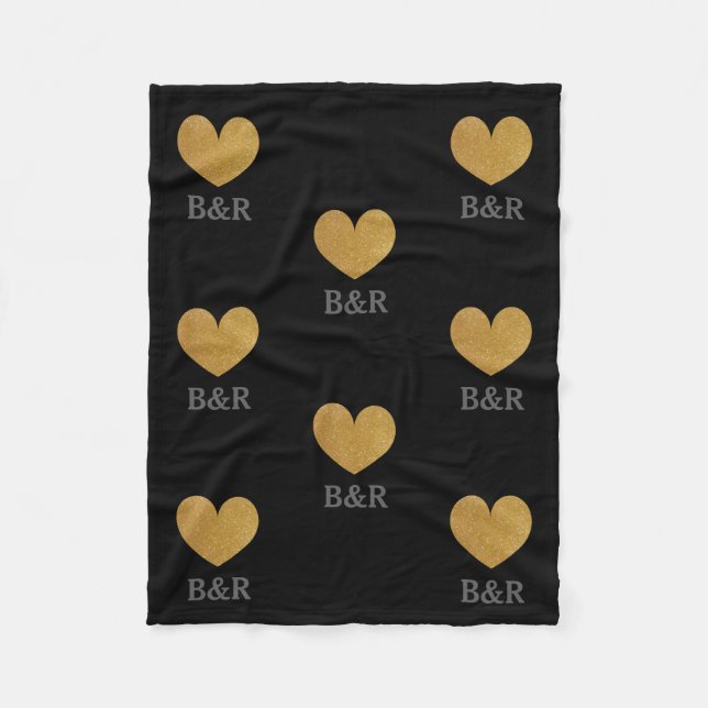 Custom monogram gold glitter heart fleece blanket (Front)