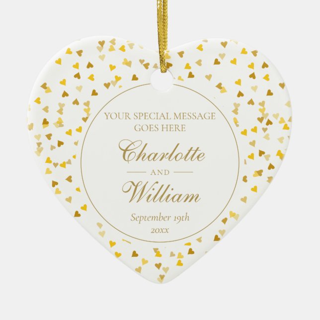 Custom Monogram Gold Hearts Confetti Wedding Ceramic Tree Decoration (Front)