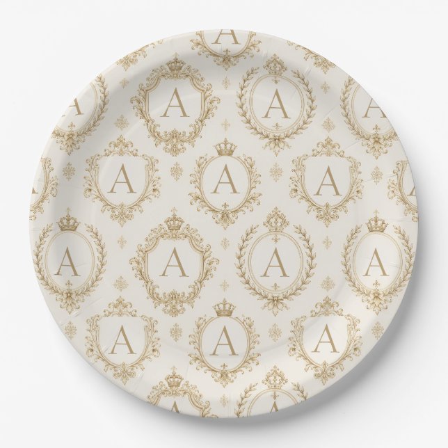 Custom Monogram Gold Royal Baroque Luxury Paper Plate (Front)