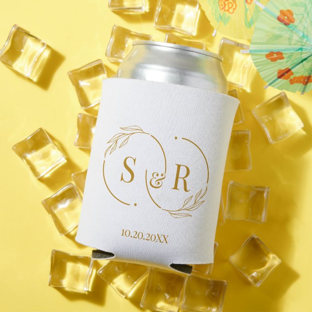 Custom Monogram Gold Script Wedding Logo  Can Cooler (In Situ Summer)