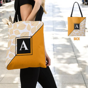 Custom Monogram Gold Yellow Leaf Pattern Diagonal Tote Bag