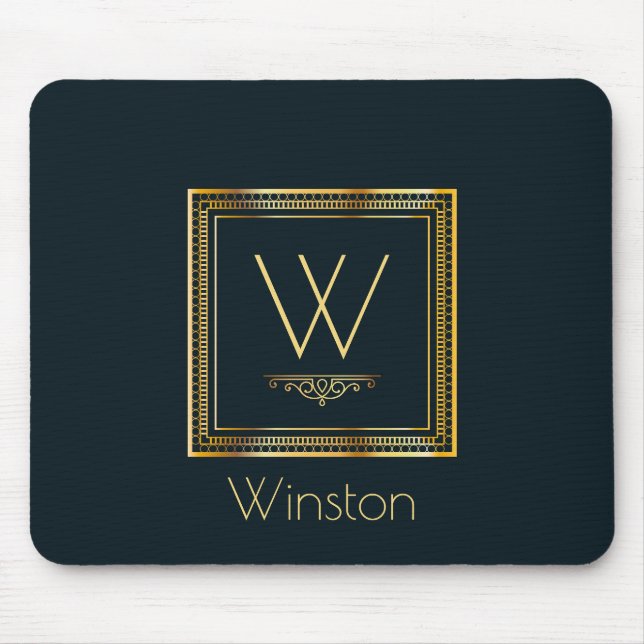 Custom Monogram Golden on Dark Blue Mouse Pad (Front)