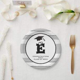 Custom Monogram Grad Black Grey Cute Paper Plate