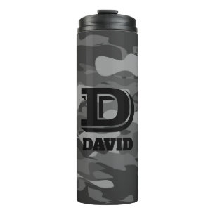 Custom monogram gray army camo thermal travel mug