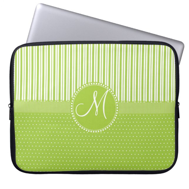 Custom Monogram Green Stripes Polka Dots Pattern Laptop Sleeve (Front)
