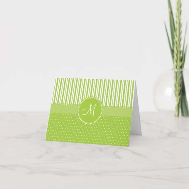 Custom Monogram Green Stripes Polka Dots Pattern Note Card (Front)