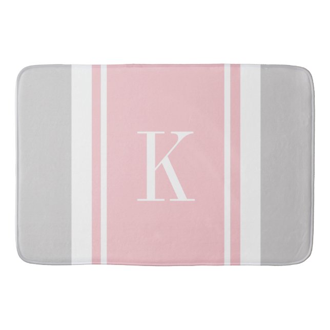 Custom Monogram Grey Pink Stripes Pattern Bath Mat (Front)