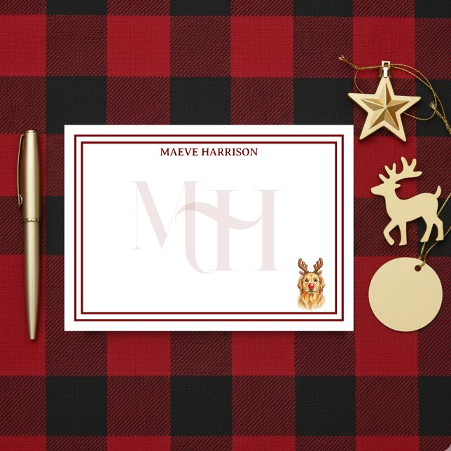 Custom Monogram Holiday Golden Retriever Reindeer Post-it Notes (Gift custom holiday stationery to the dog lover in your life!)
