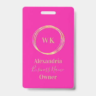 Custom Monogram Hot Pink Gold Employee Name ID Badge