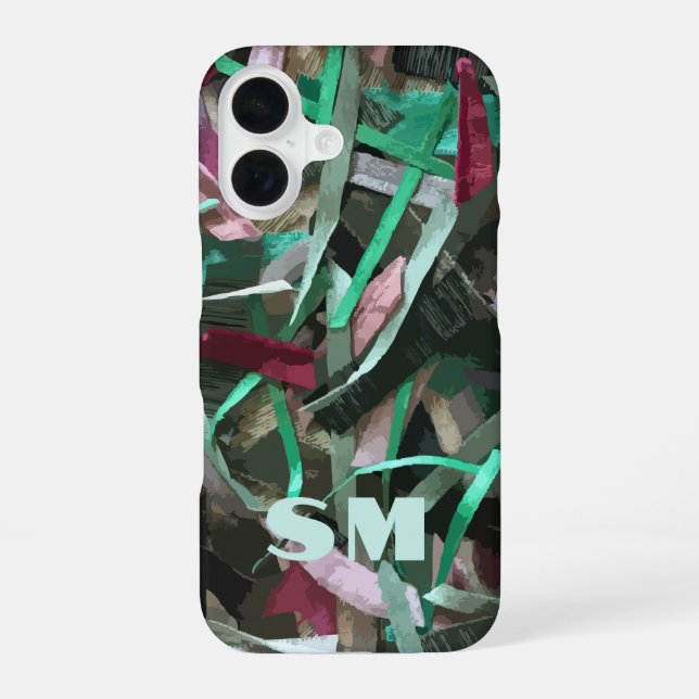 Custom Monogram Initial Abstract Stripes Green Red iPhone 16 Case (Back)