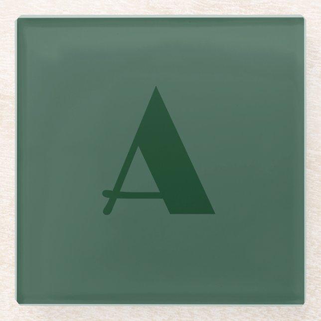 Custom Monogram Initial Letter Plain Green Retro Glass Coaster (Front)