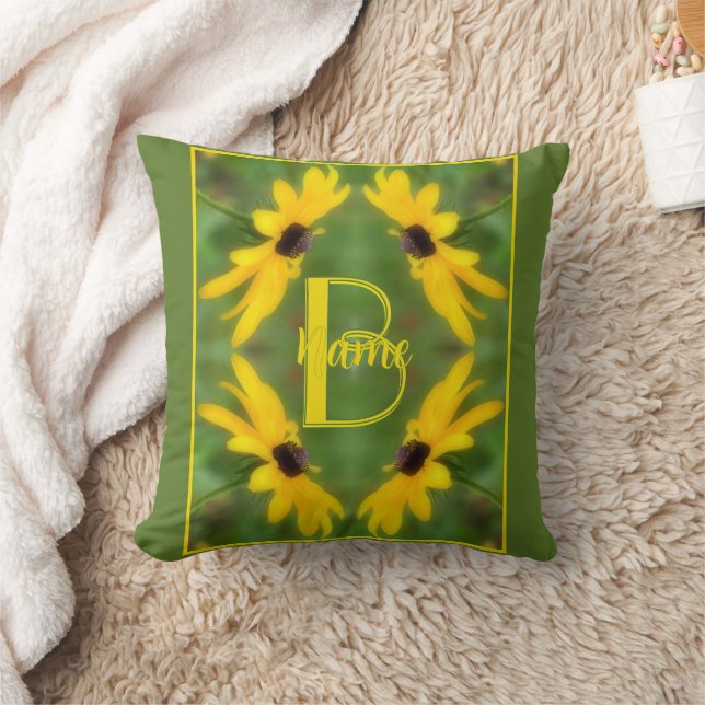 Custom Monogram Initial Name Black Eyed Susan Art Cushion (Blanket)