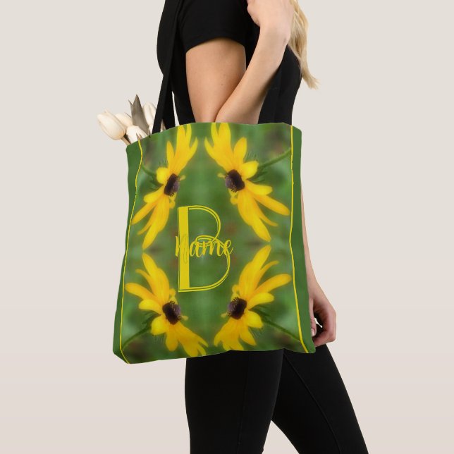 Custom Monogram Initial Name Black Eyed Susan Art Tote Bag (Close Up)