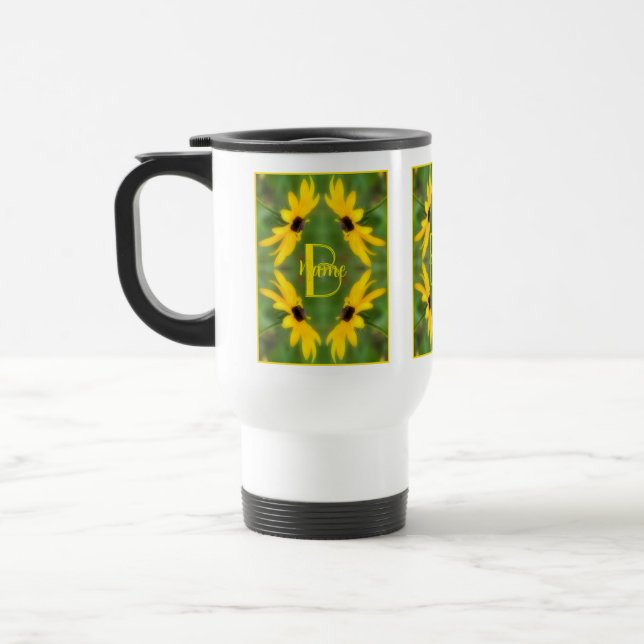 Custom Monogram Initial Name Black Eyed Susan Art Travel Mug (Left)