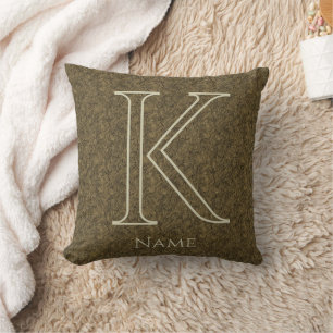 Custom Monogram Initial Name Brown Floral Leaf Cushion