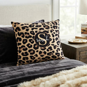 Custom Monogram Initial & Name Chic Leopard Print Decorative Cushion
