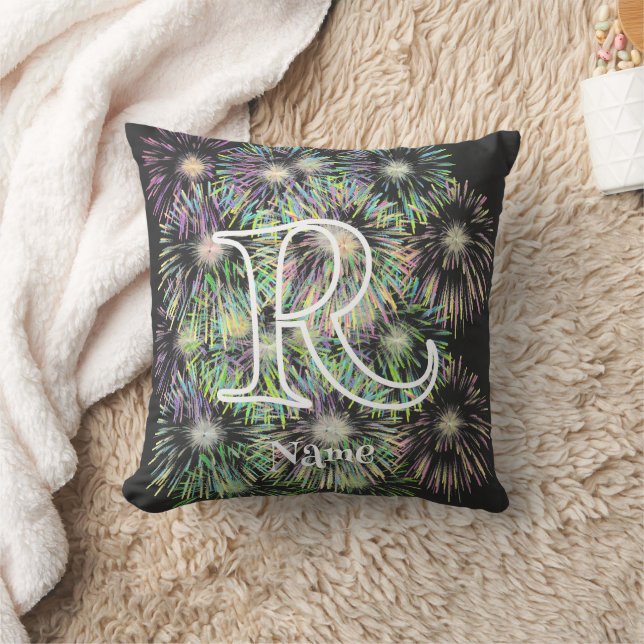 Custom Monogram Initial Name Colourful Fireworks   Cushion (Blanket)