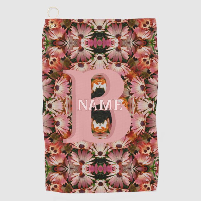 Custom Monogram Initial Name Daisy Floral Art Golf Towel (Front)
