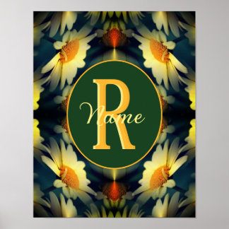 Custom Monogram Initial Name Daisy Floral Art Poster