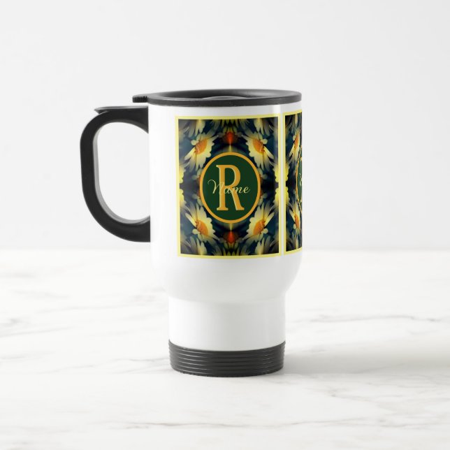 Custom Monogram Initial Name Daisy Floral Art Travel Mug (Left)