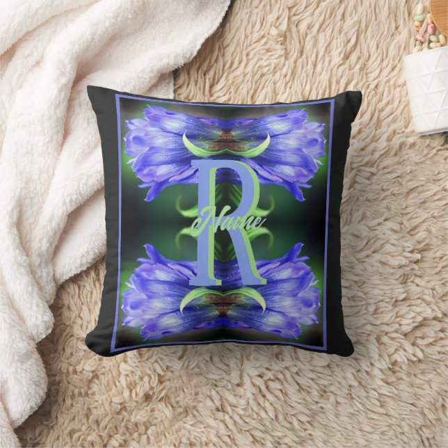 Custom Monogram Initial Name Gentian Floral Art Cushion (Blanket)