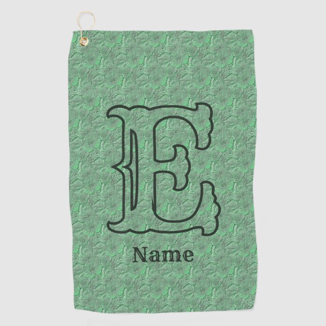 Custom Monogram Initial Name Green Floral Golf Towel (Front)