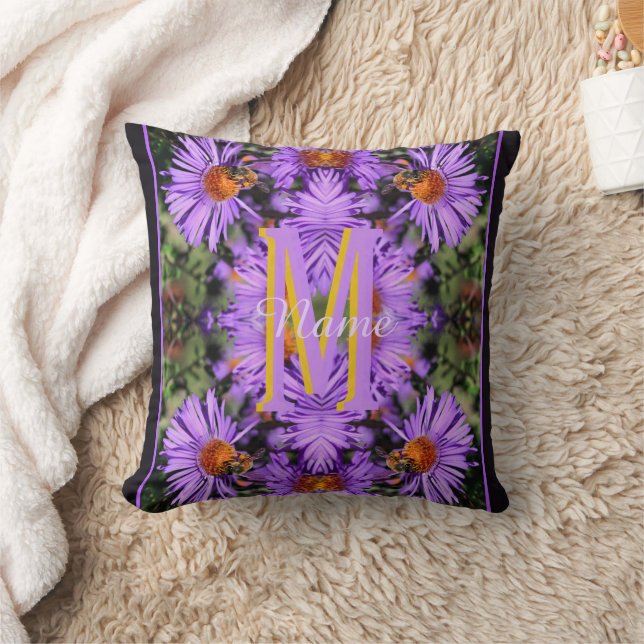Custom Monogram Initial Name Honeybee Aster Art Cushion (Blanket)