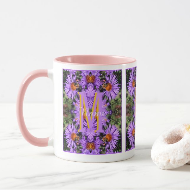 Custom Monogram Initial Name Honeybee Aster Art Mug (With Donut)