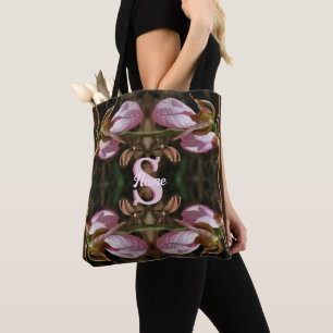 Custom Monogram Initial Name Lady Slipper Flowers Tote Bag