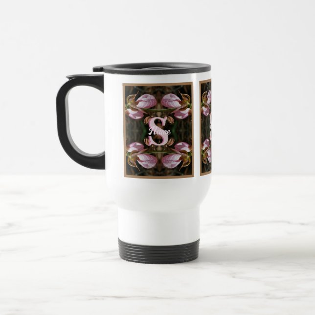 Custom Monogram Initial Name Lady Slipper Flowers Travel Mug (Left)