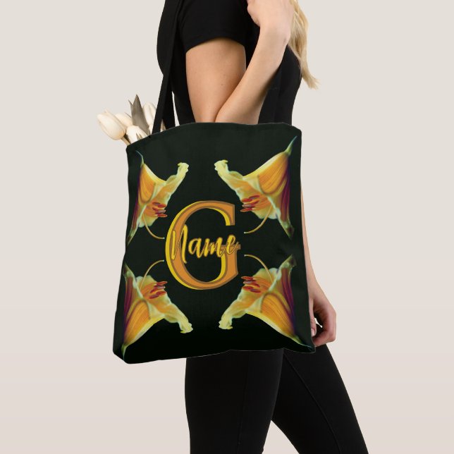 Custom Monogram Initial Name Lily Flowers Tote Bag (Close Up)