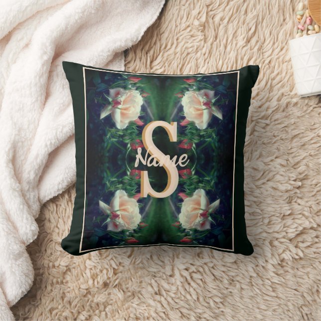 Custom Monogram Initial Name Peach Rose Cushion (Blanket)
