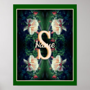 Custom Monogram Initial Name Peach Rose Poster