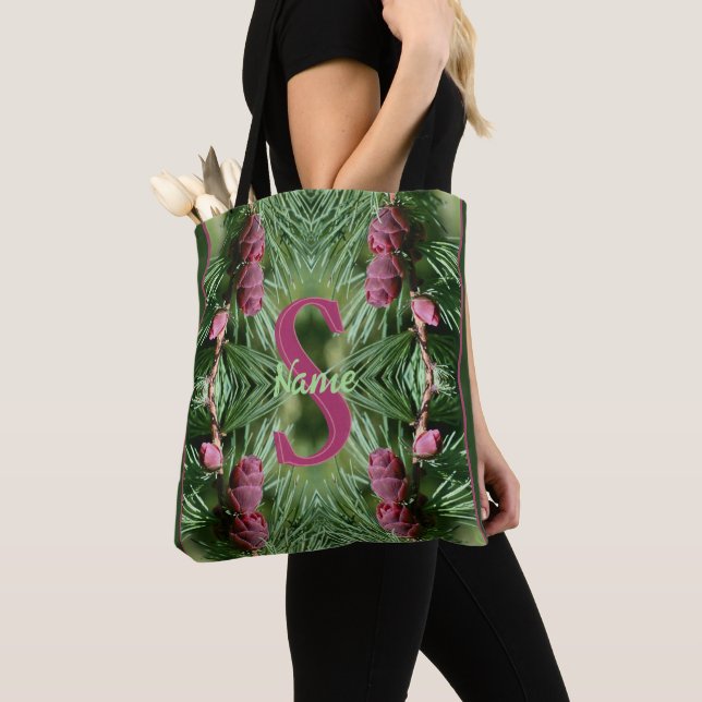 Custom Monogram Initial Name Pinecones Nature Art Tote Bag (Close Up)