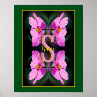 Custom Monogram Initial Name Pink Cosmos Poster