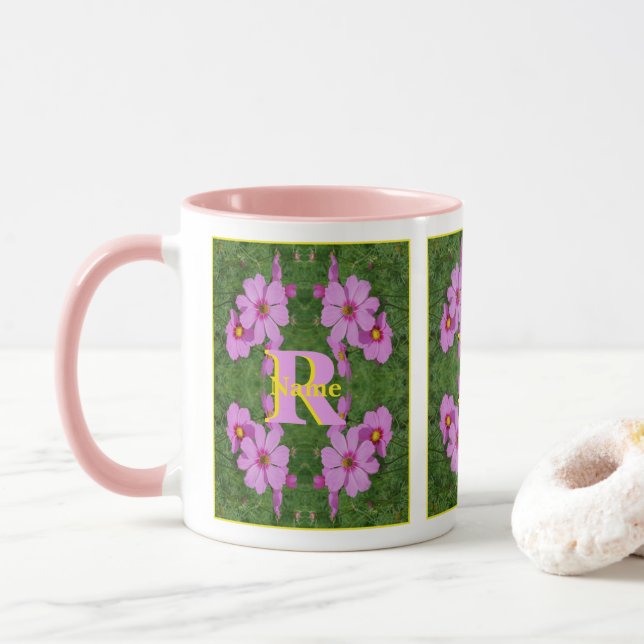 Custom Monogram Initial Name Pink Daisy Art Mug (With Donut)