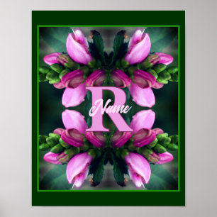 Custom Monogram Initial Name Pink Flower Art Poster