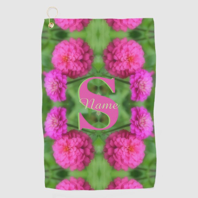 Custom Monogram Initial Name Pink Zinnias Golf Towel (Front)
