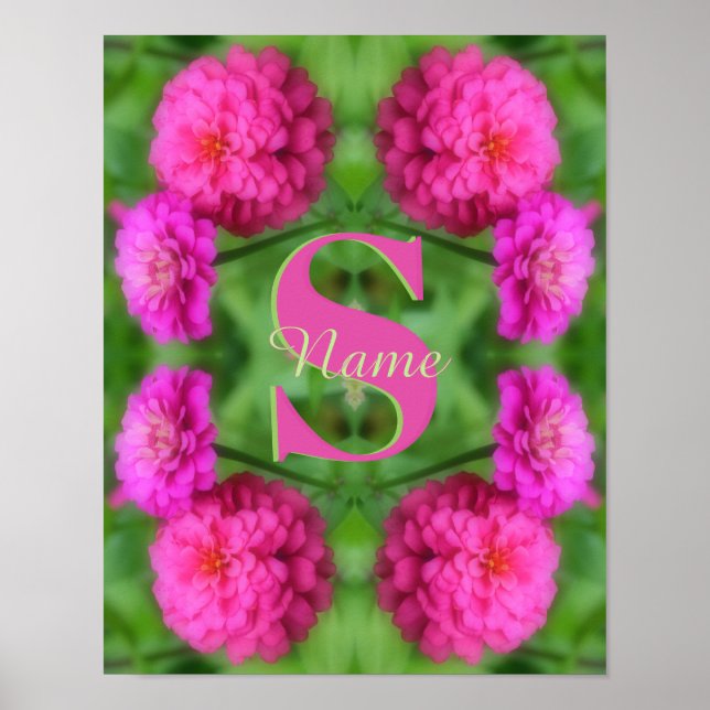 Custom Monogram Initial Name Pink Zinnias Poster (Front)