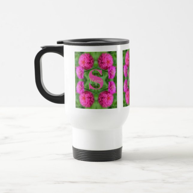 Custom Monogram Initial Name Pink Zinnias Travel Mug (Left)